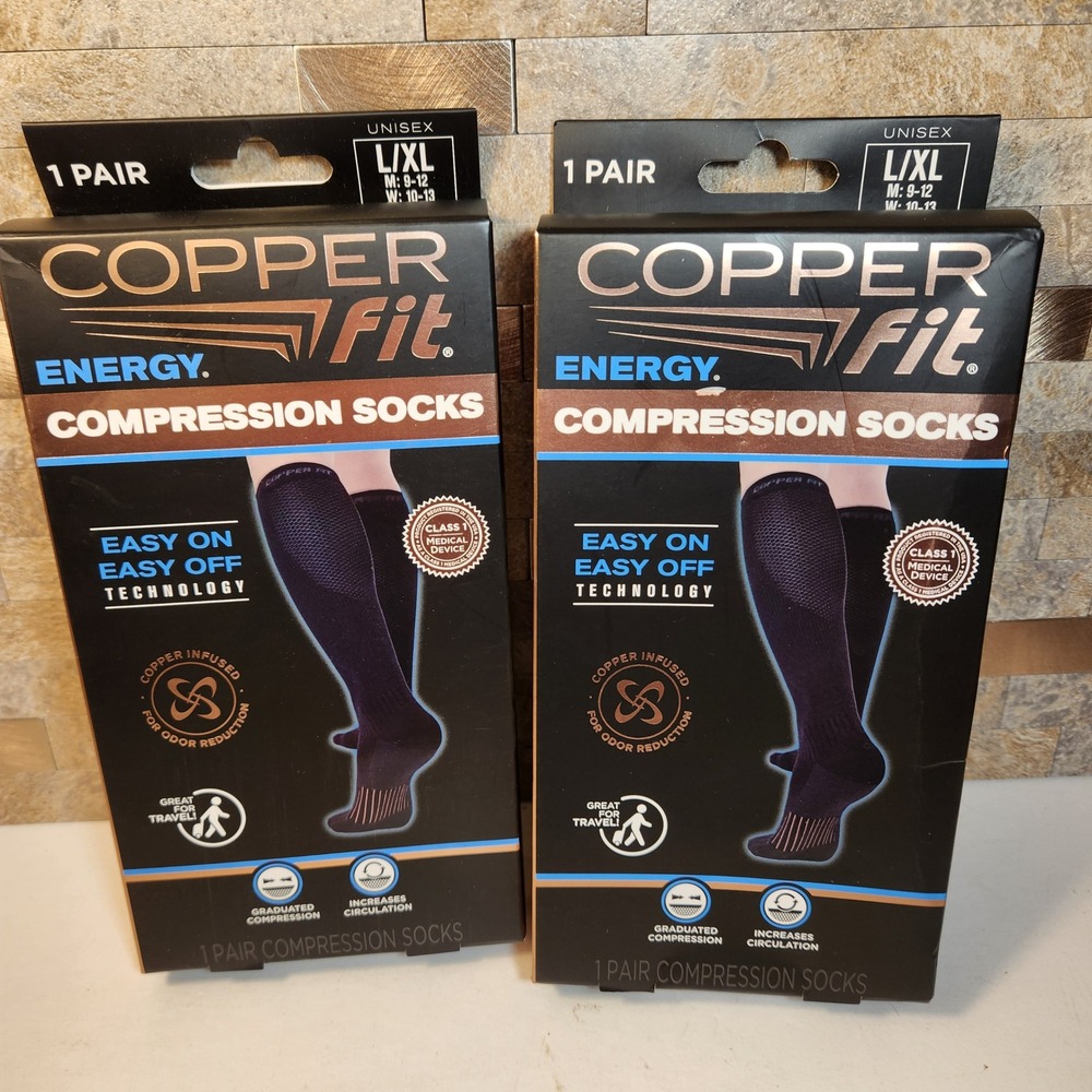 2 Pairs Copper Fit Energy Compression Socks L/XL Black Unisex Graduated Support